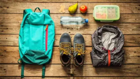 Camping supplies arranged neatly on a wooden floor