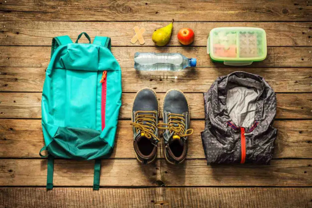 Camping supplies arranged neatly on a wooden floor