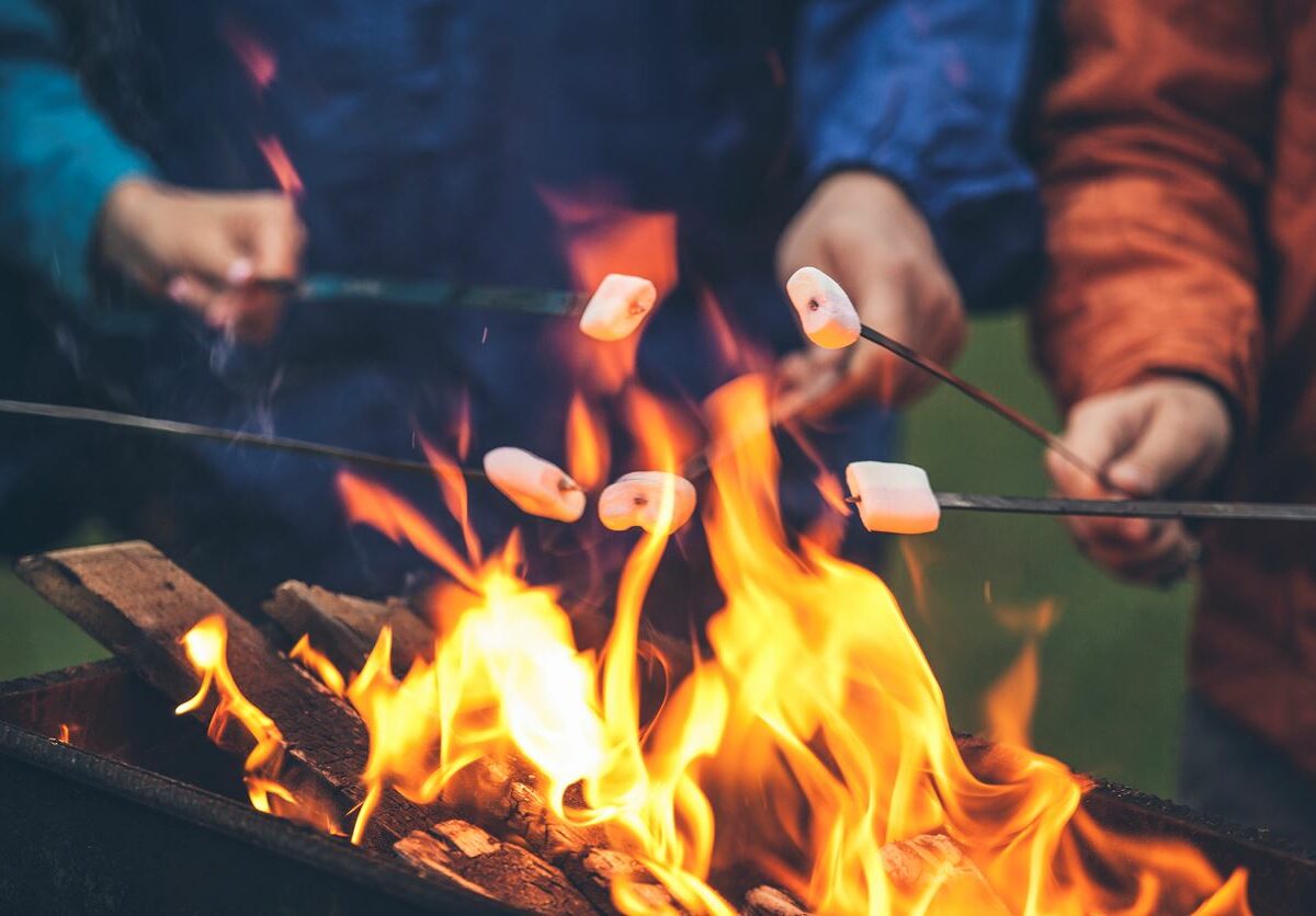 A group of friends roasting marshmallows around a fire.