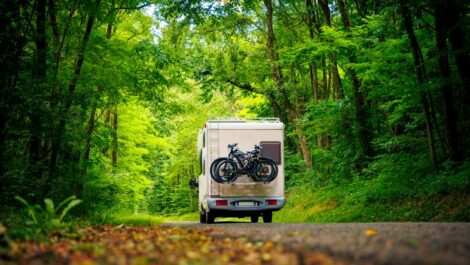 An RV drives through a forest with bicycles on a rack.