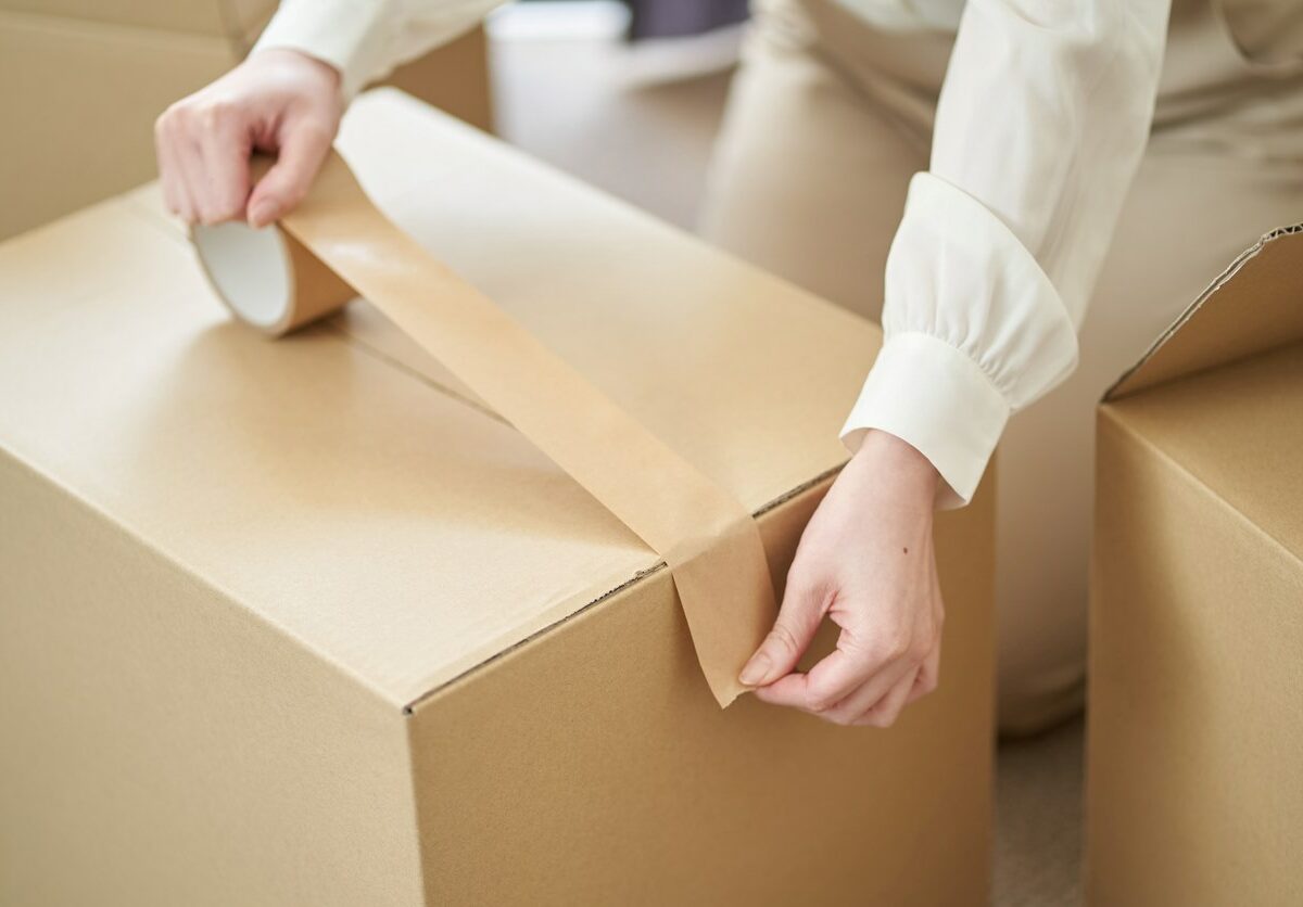 A woman sticks tape on cardboard boxes.