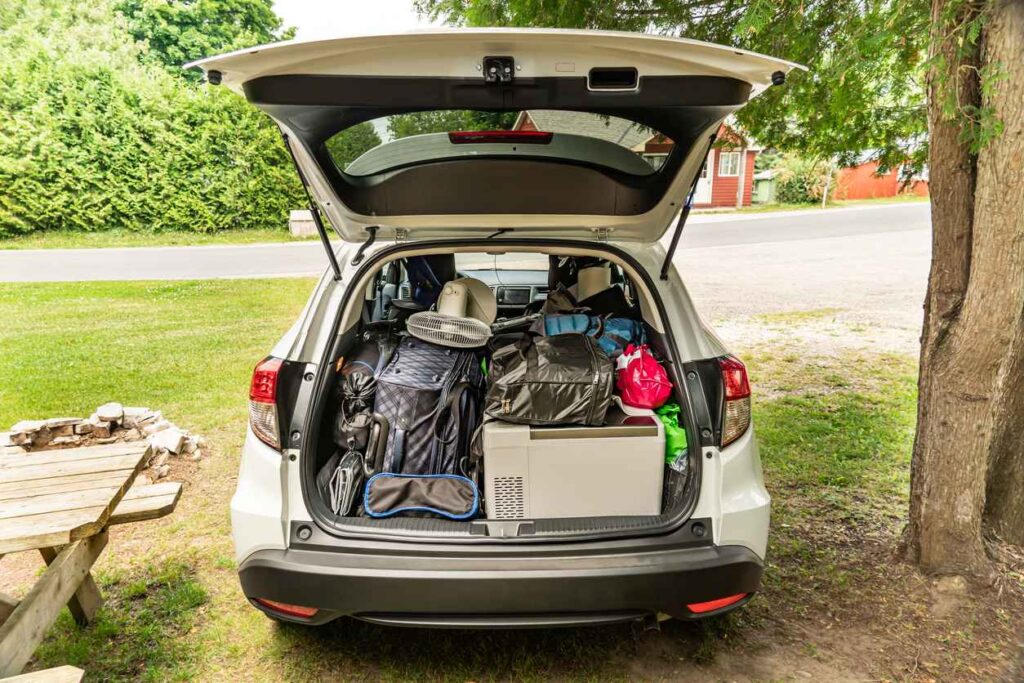 A loaded car full of items, including a fan, suitcase, and plastic bags, is parked between a tree and a picnic table.