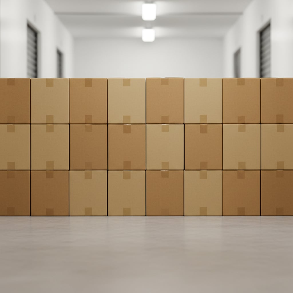 Neatly stacked cardboard moving boxes sit in an organized row inside a bright, clean, and minimalist self storage unit.