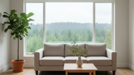 A bright, minimalist staged living room with a neutral sofa and a view of rainy green trees through a large window.