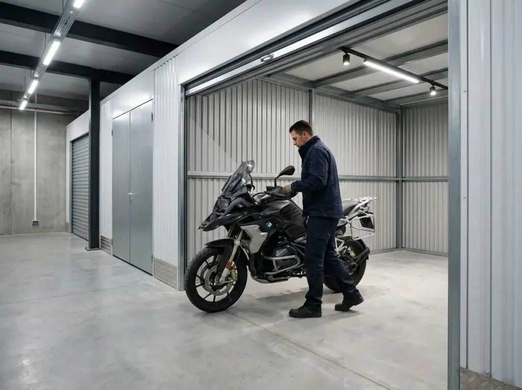 A man pulls his motorcycle out of a well-lit storage unit