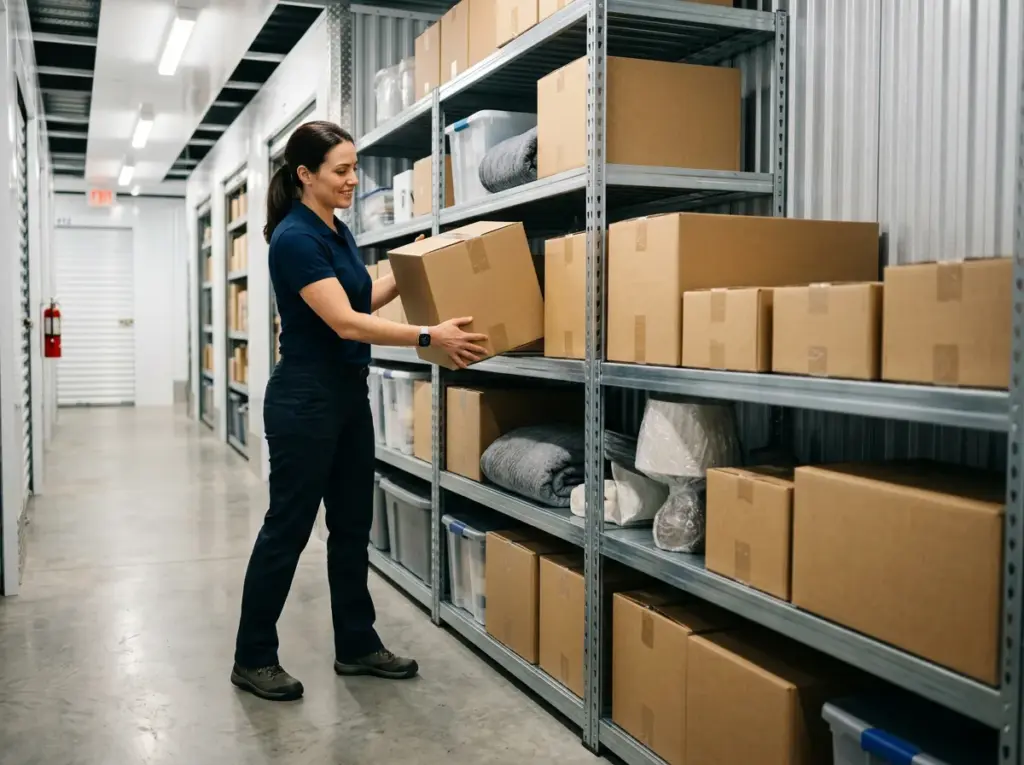 A woman stacks boxes in her storage unit to make room at home