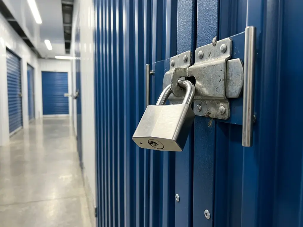 A steel padlock secures the blue door of a storage unit
