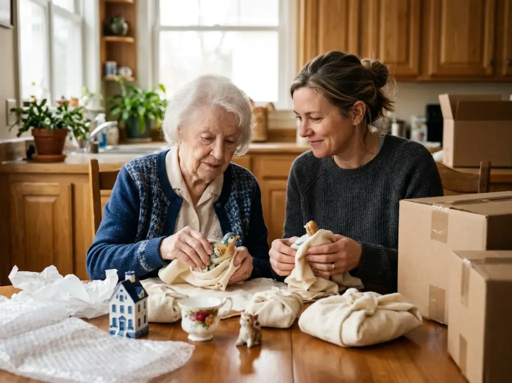 A woman sits with her mother as they sort through boxes of belongings while downsizing.