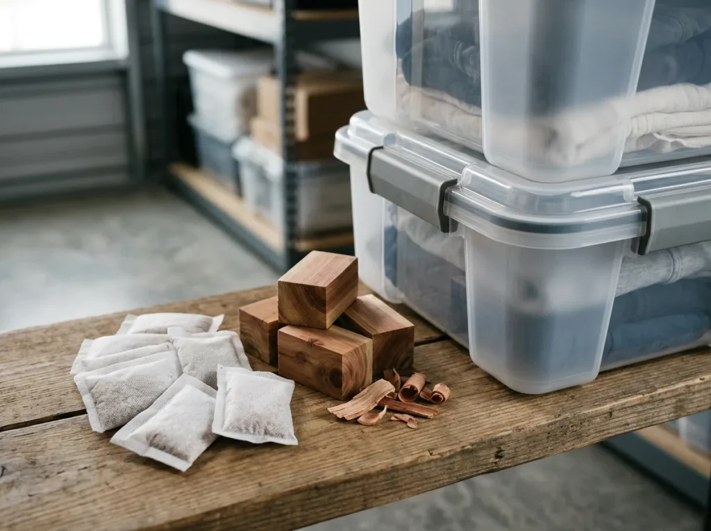 Cedar blocks sit next to a plastic storage bin inside a self storage unit