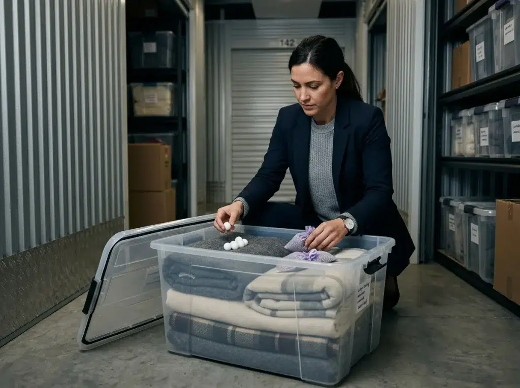A woman places mothballs in a plastic bin inside her storage unit