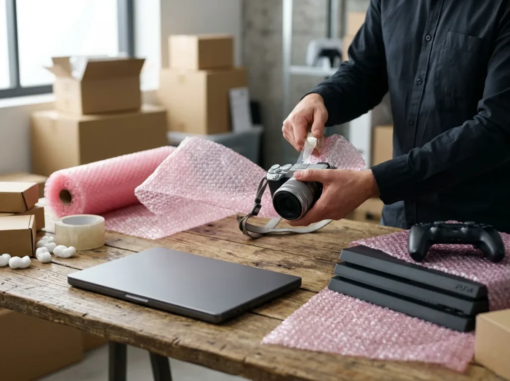 A person carefully tapes Bubble Wrap around their DSLR camera