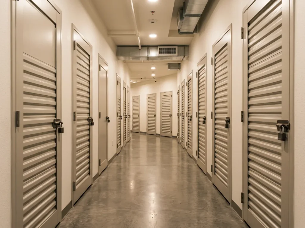 A well-lit corridor in an indoor self storage facility with white roll-up doors.