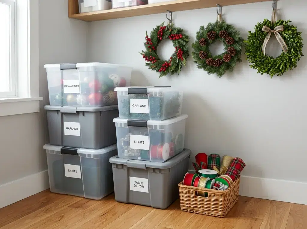 Storage boxes filled with Christmas decorations