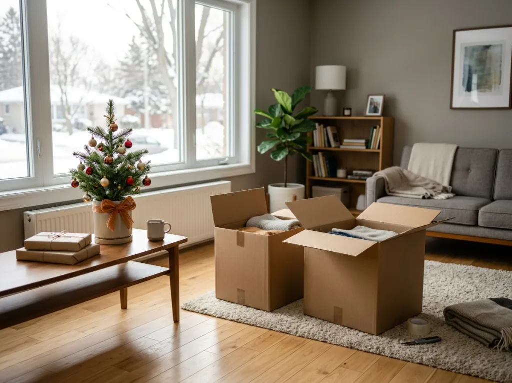 Unpacking winter storage boxes in the living room